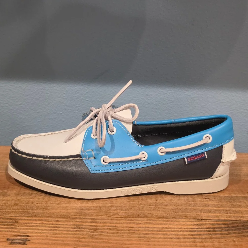 Sebago Womens Docksides Portland Spinnaker Boat Shoes Blue White Leather 8.5